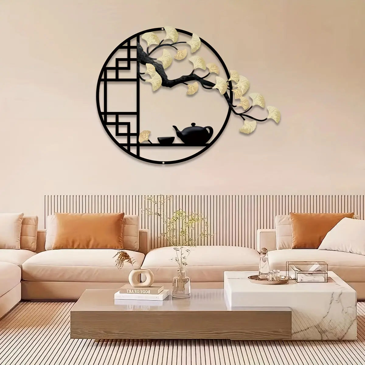 Art Murale Métal Style Chinois avec Théière et Arbre de Ginkgo Eclipta
