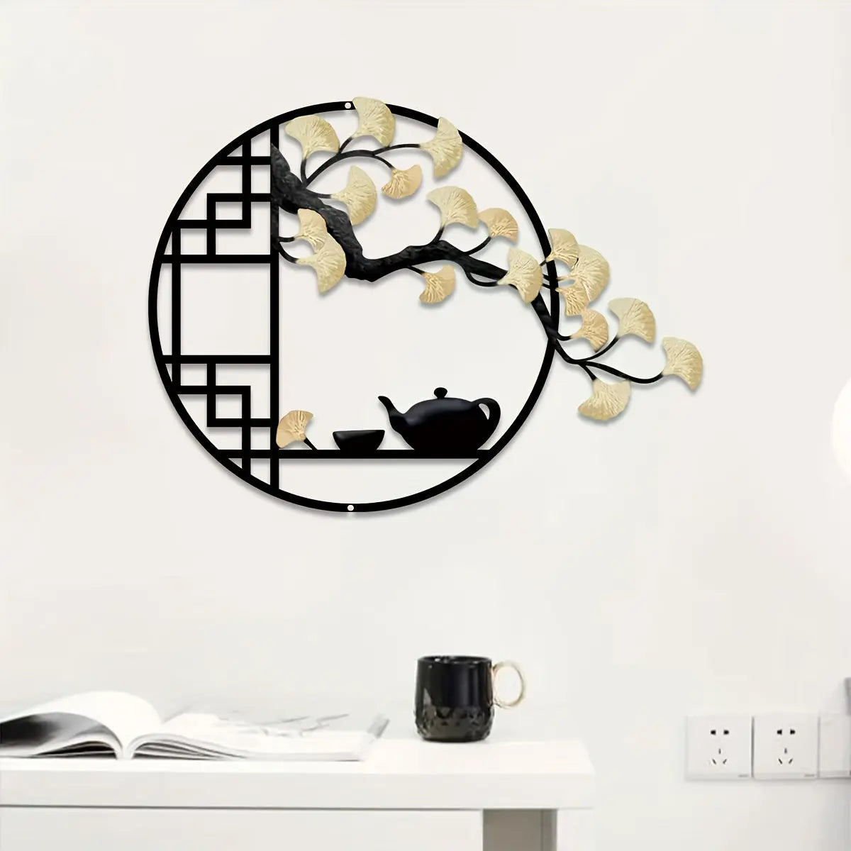 Art Murale Métal Style Chinois avec Théière et Arbre de Ginkgo Eclipta