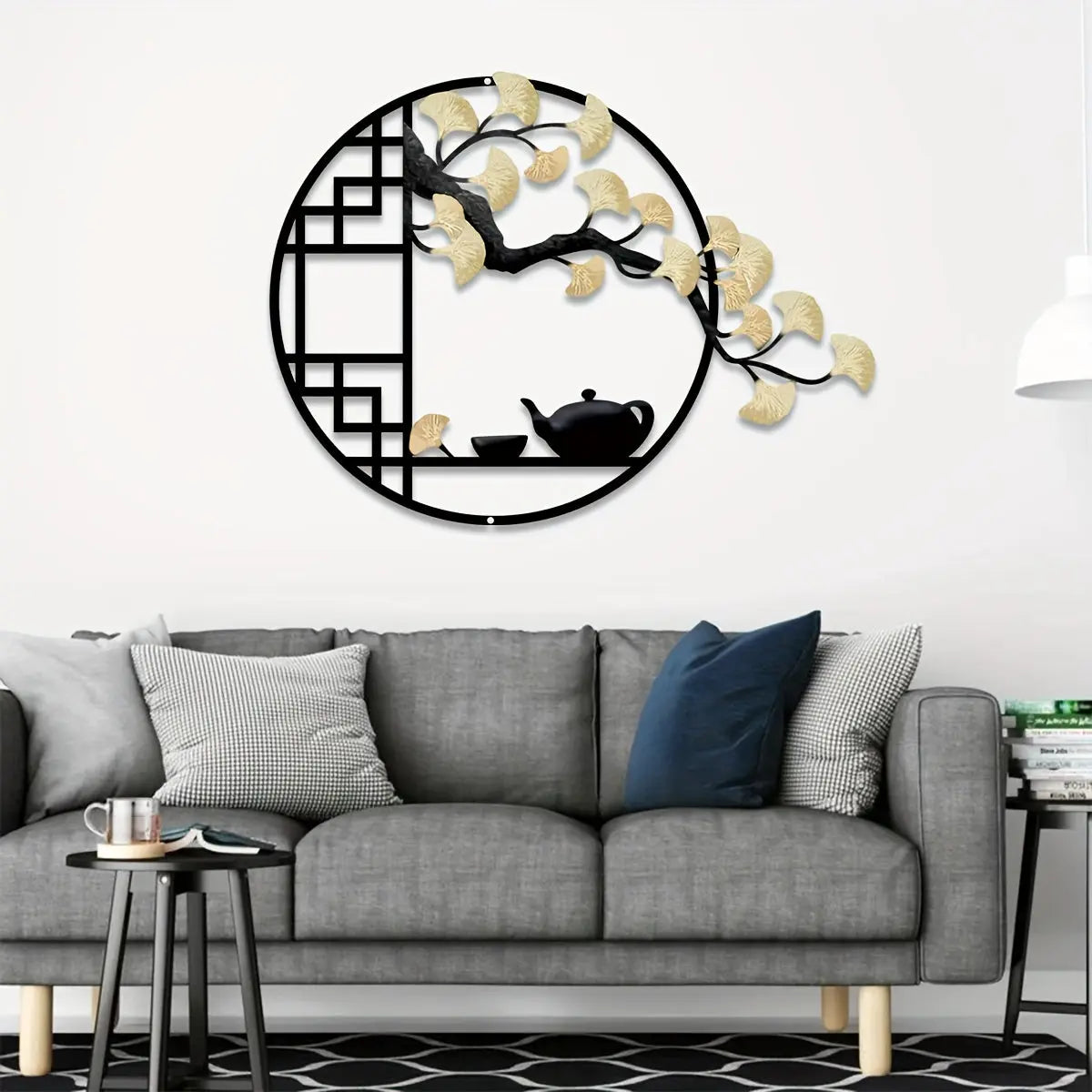 Art Murale Métal Style Chinois avec Théière et Arbre de Ginkgo Eclipta