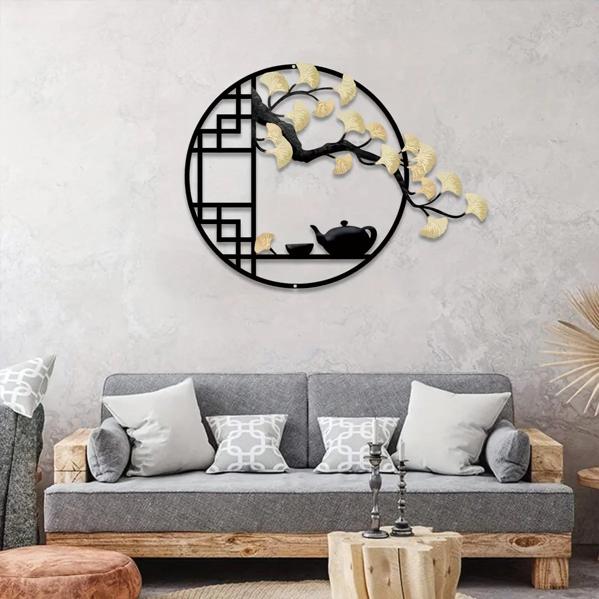 Art Murale Métal Style Chinois avec Théière et Arbre de Ginkgo Eclipta